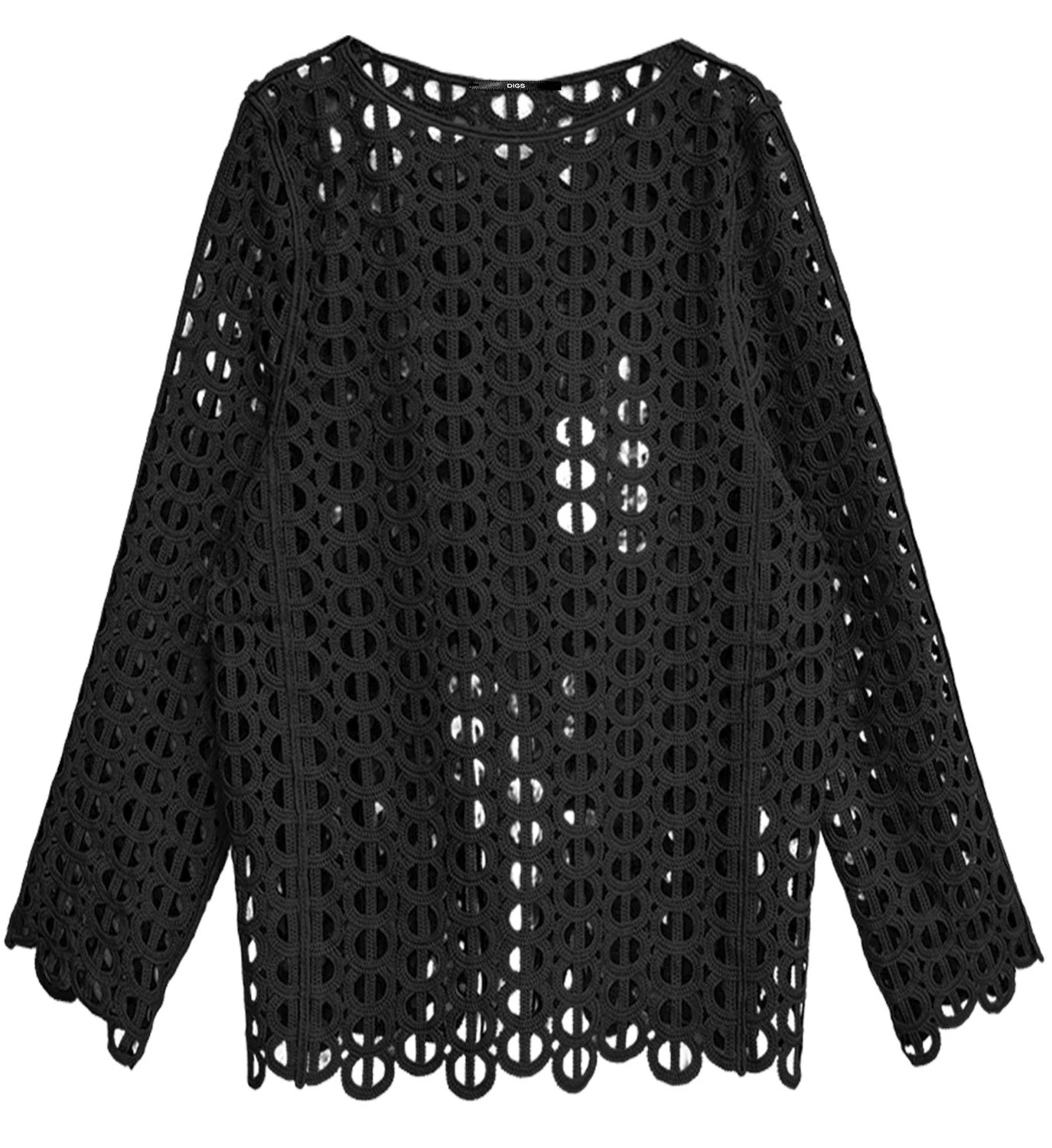 Black lace cut out top from DIGS, stylish women's blouse with intricate lace details and cut-out design.