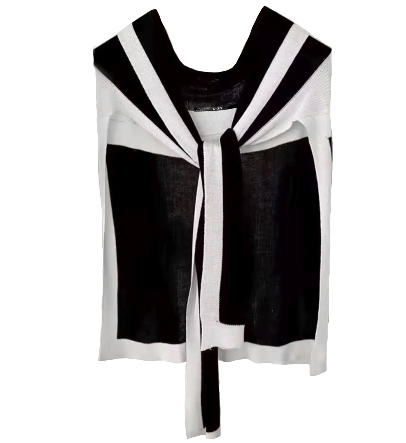 Black and white DIGS shoulder front tie wrap sweater displayed on a hanger with close-up of the tie detail.