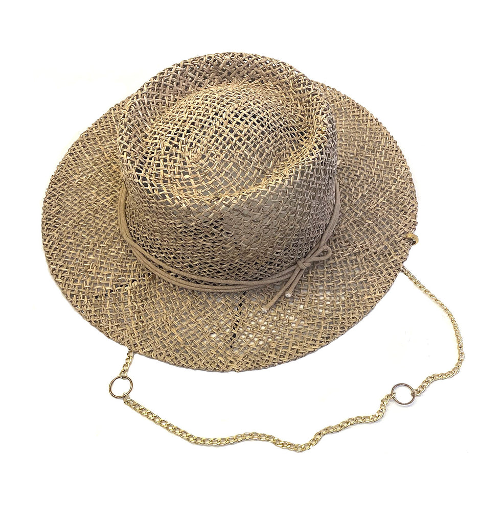 Straw Fedora Hat with Chain