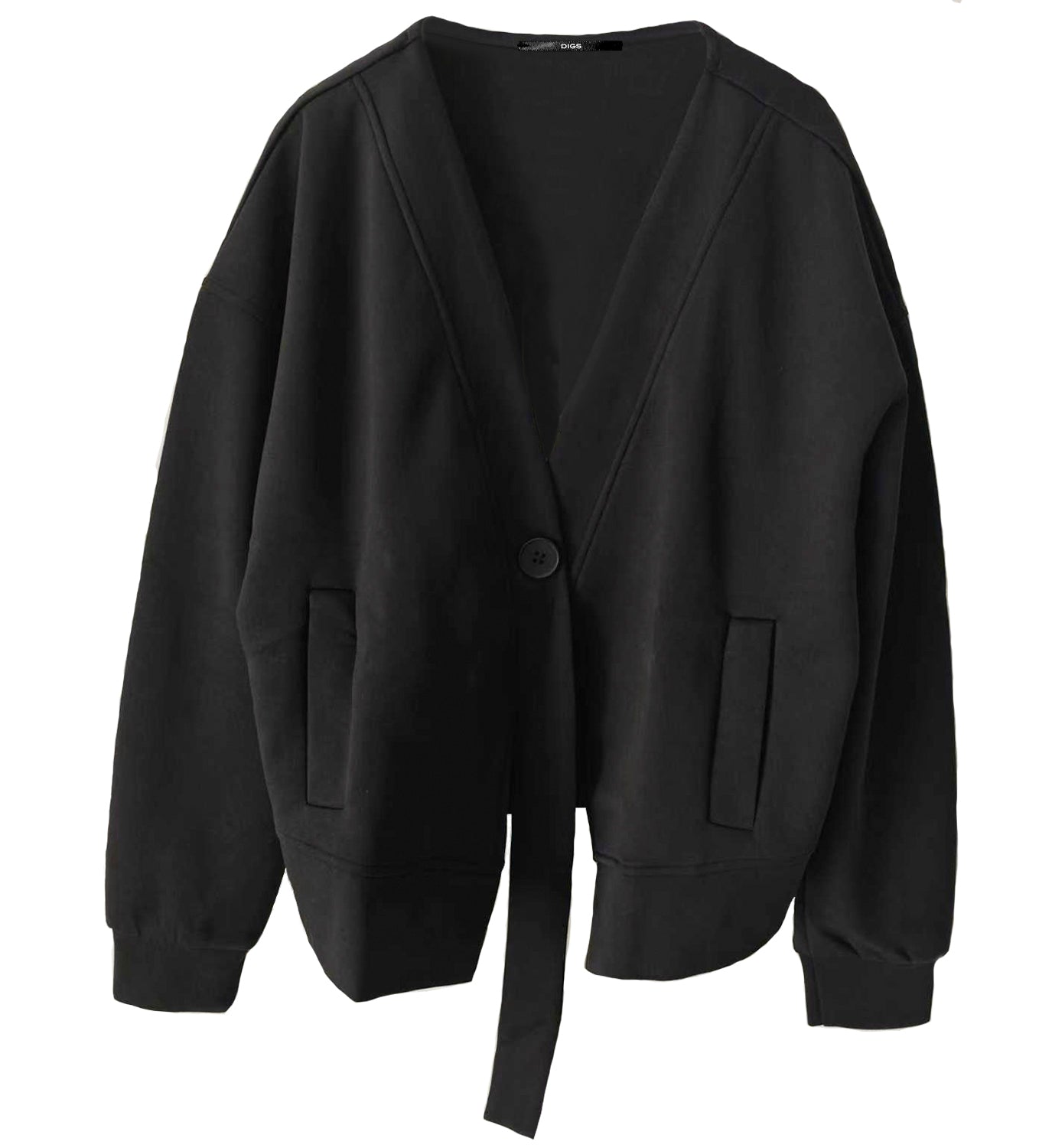 DIGS button sweatshirt cardigan displayed on a model, showing its casual style and button details in a close-up view.