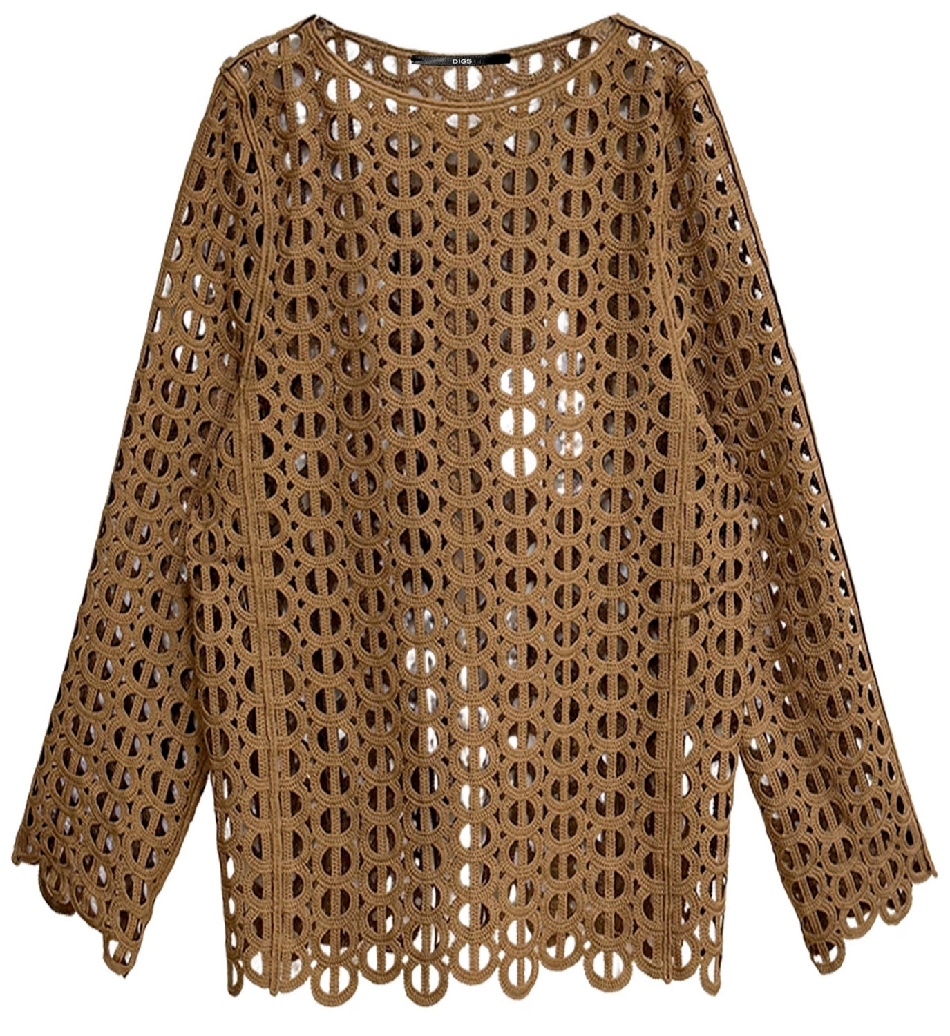White cut out lace top by DIGS featuring intricate lace details and a stylish, modern design.