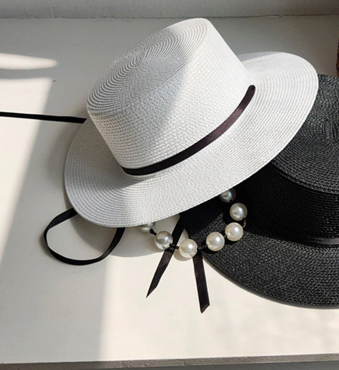 Pearl Strap Ribbon Fedora Hat