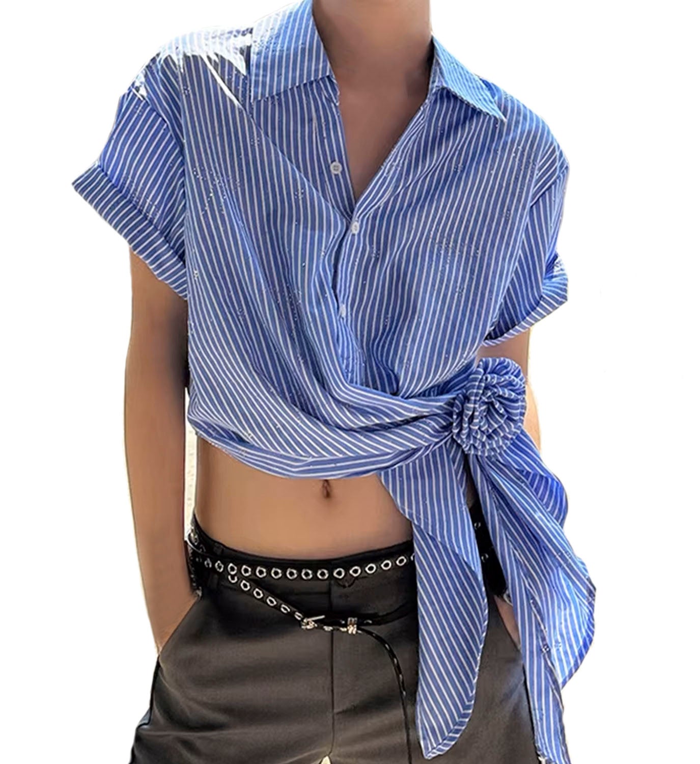 Pinstripe Studded Shirt with Brooch - DIGS
