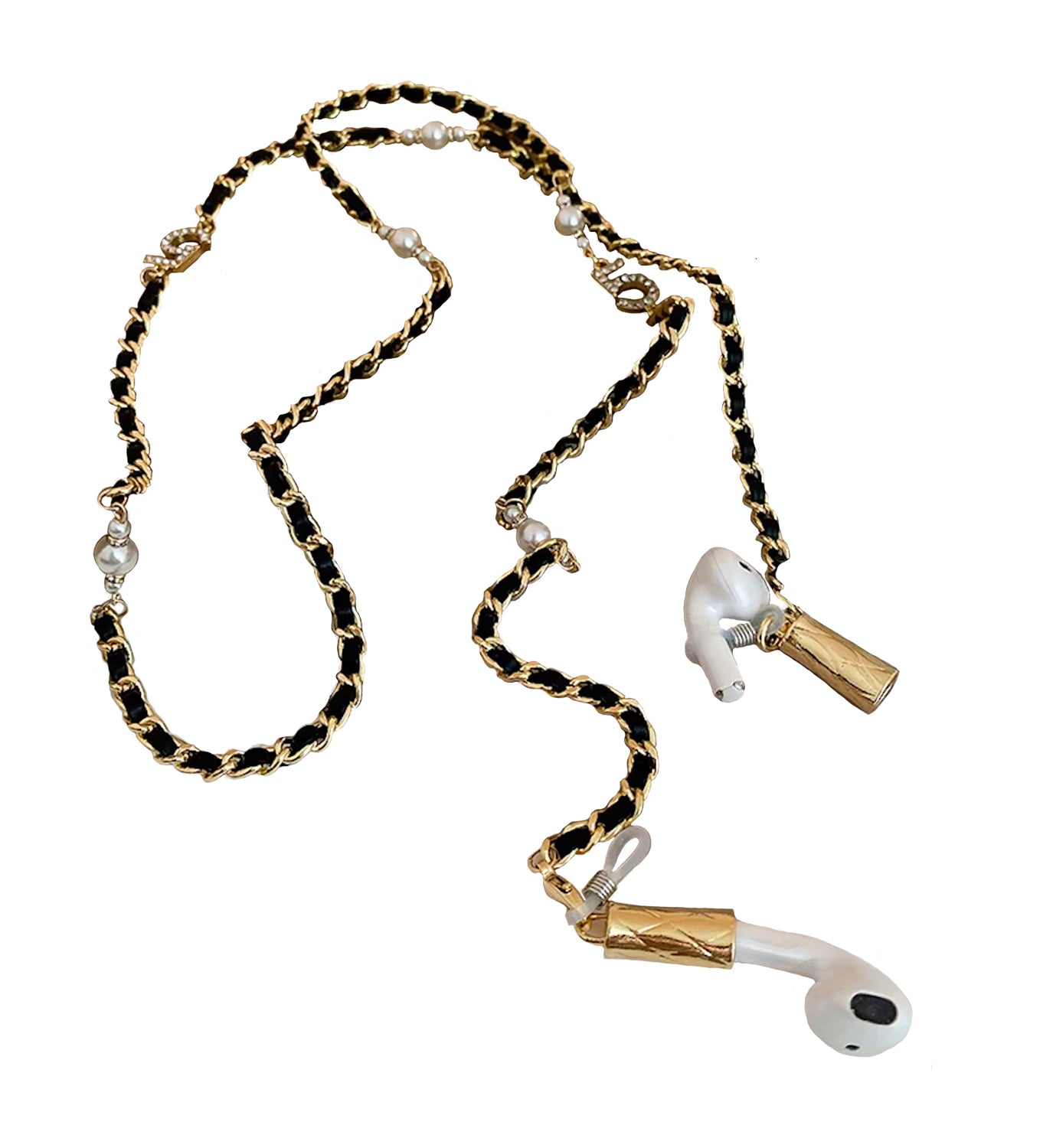 DIGS earbuds chain holder with stylish chain design, showing the accessory attached to earbuds for secure storage and fashion.