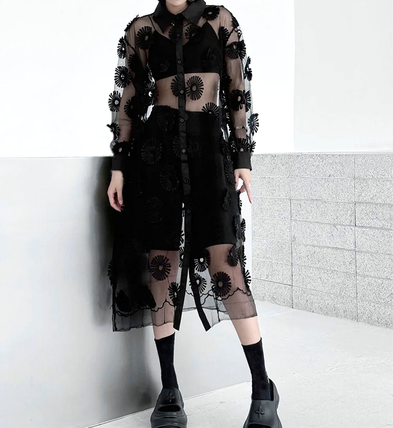Sheer Textured Shirt Dress - DIGS