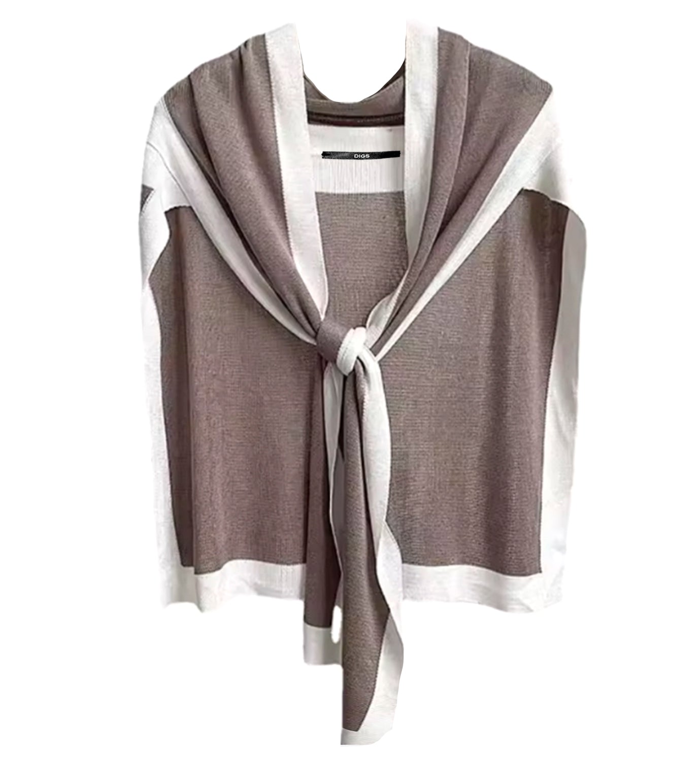 Taupe DIGS shoulder front tie wrap sweater displayed, featuring a stylish wrap design and soft knit fabric.