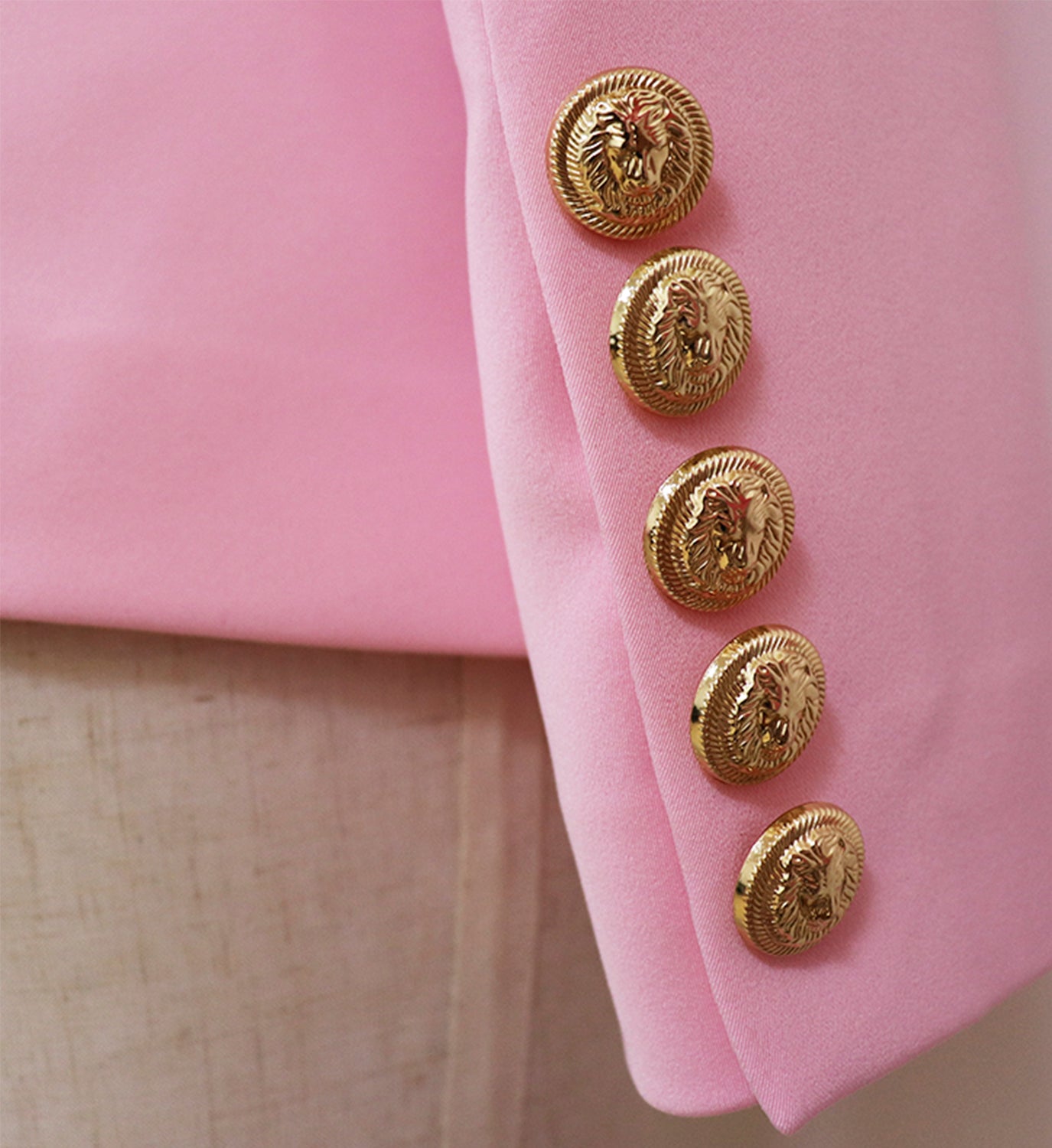 Clancy - Pink Contrast Knit Thread Gold Button Blazer, Blazers